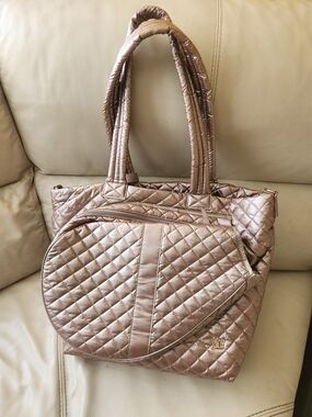 Oliver Thomas Quilted Metallic Rose Gold Tote with Round Front Pouch